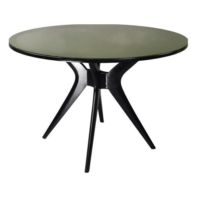 Italian Round Black Lacquered Table with Olive Green Glass Top, 1950s For Sale