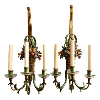 Pair of Large Gilt Bronze and Polychrome Wall Sconces For Sale