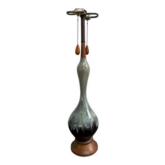 1950s Huge Drip Glaze Pottery Ceramic Lamp Mid Century Modern 37” Blue Green Black For Sale