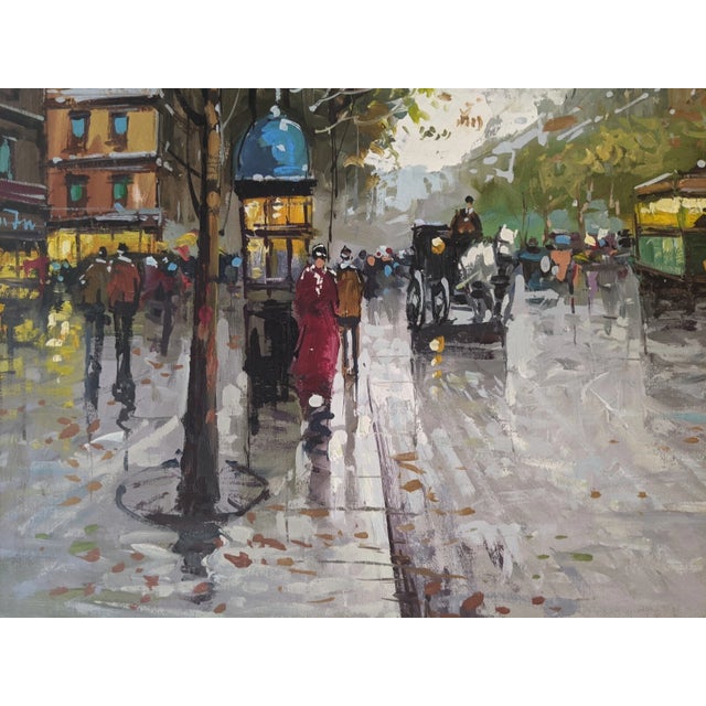 A striking original oil painting on canvas depicting a bustling Parisian boulevard on a rainy afternoon. Executed in an...