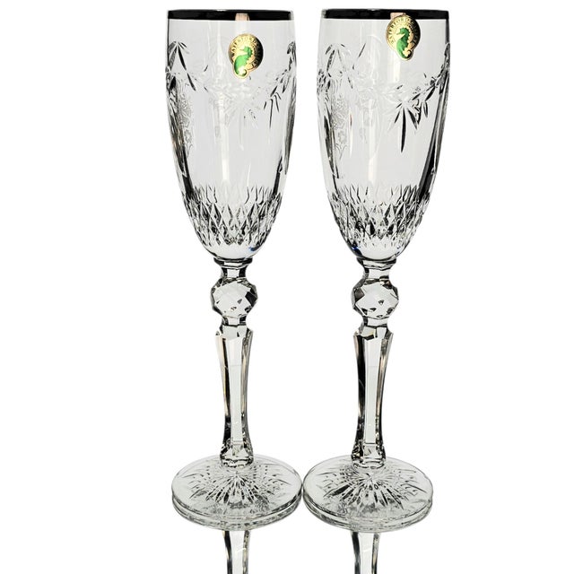 Victorian Late 20th Century Waterford Cherished Moments Platinum Rim Crystal Champagne Flutes, Pair For Sale - Image 3 of 13