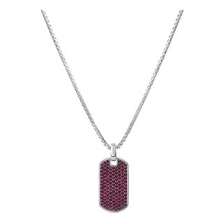 Men's .925 Sterling Silver Created Red Ruby Dog Tag Pendant Necklace - 22" Inches For Sale