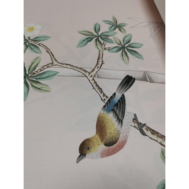 Art Deco Handpainted Silk Wallpaper, Chinoiserie Birds and Bamboo, Chinoiserie Handmade Wallpaper Mural - Set of 4 For Sale - Image 3 of 12