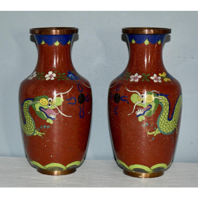 Metal Vintage Pair of Chinese Cloisonné' Dragon Motif Vases For Sale - Image 7 of 12