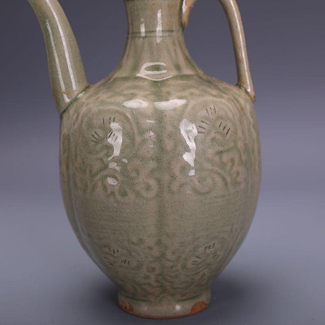 Celadon Vintage Chinese Celadon Glaze Yaozhou Style Ewer, Carved Floral Wine Pitcher For Sale - Image 8 of 10