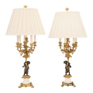Pair of 19th Century French Bronze and Marble Lamps For Sale