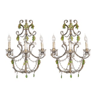 Italian Crystal Beaded Wall Fixtures or Sconces with Green Flowers, Set of 2 For Sale