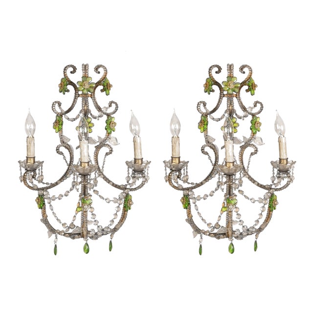 Italian Crystal Beaded Wall Fixtures or Sconces with Green Flowers, Set of 2 For Sale