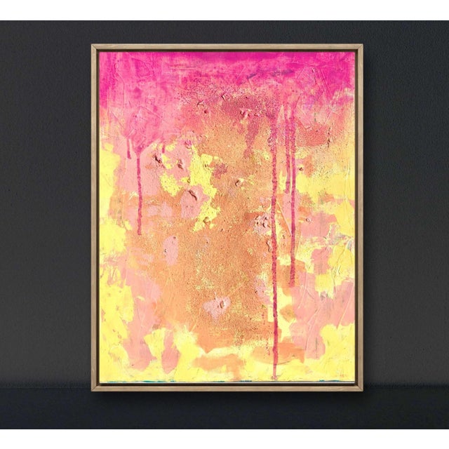 Yellow Contemporary Artwork by Cassandra Auker Original Acrylic Paint and Fl. Beach Sand on Canvas Painting “Rum Punch” For Sale - Image 8 of 9