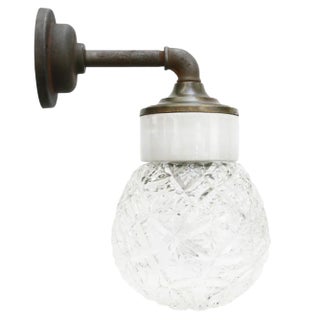 Vintage Industrial Clear Glass, Brass & White Porcelain Wall Lamp For Sale