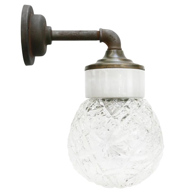 Vintage Industrial Clear Glass, Brass & White Porcelain Wall Lamp For Sale