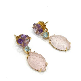 Bochic "Capri" Vintage Amethyst & Pink Topaz Pastel Earrings Set 18K Gold & Silver For Sale