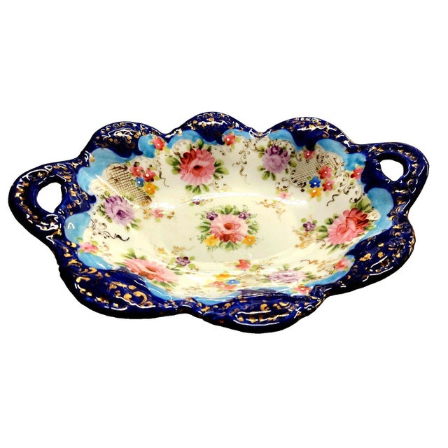 Nippon Moriage Hand Painted Cobalt Blue Gilt Floral Oval Porcelain Dish 1910-30s Nippon Moriage Hand Painted Cobalt Blue &...