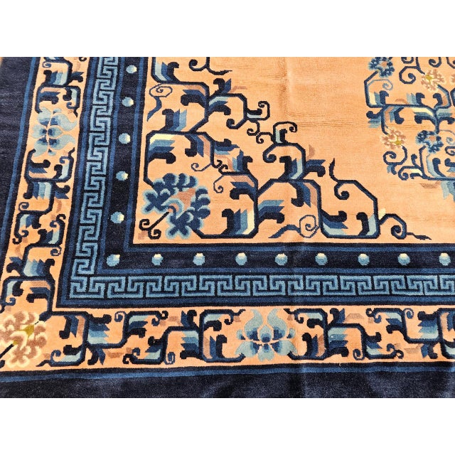 Early 20th Century Art Deco Chinese Rug, Handwoven Wool Pile, Apricot & Navy, Lotus Motif, 8' x 11' For Sale - Image 14 of 18