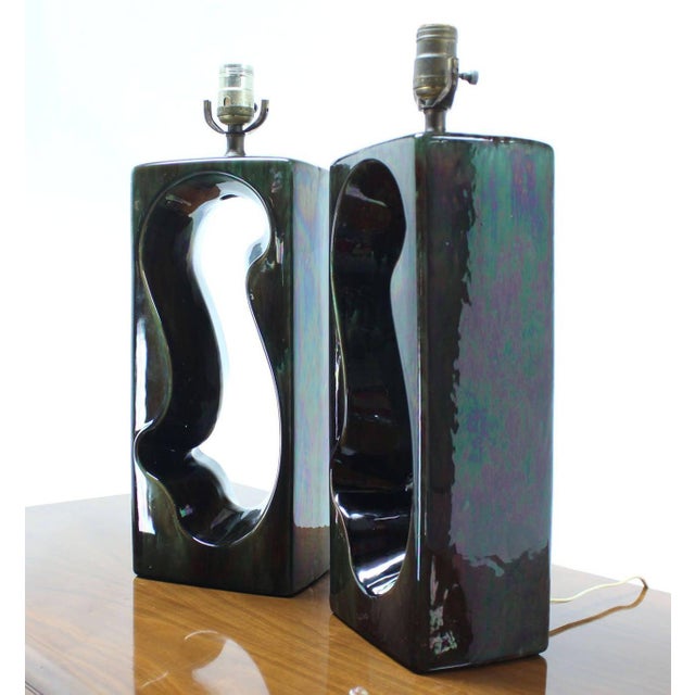 Mid 20th Century Pierced Cube Shape Glazed to High Gloss Pottery Table Lamps MINT! For Sale - Image 5 of 7