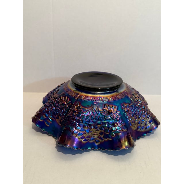 Mid-Century Modern Fenton Cobalt Blue Marigold Carnival Glass Cherry Chain Scalloped Bowl For Sale - Image 3 of 11