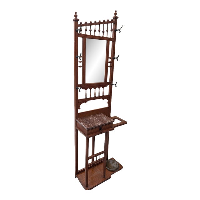 19th Century Victorian Hoffmeir Furniture Hall Tree With Marble Top & Umbrella Stand For Sale