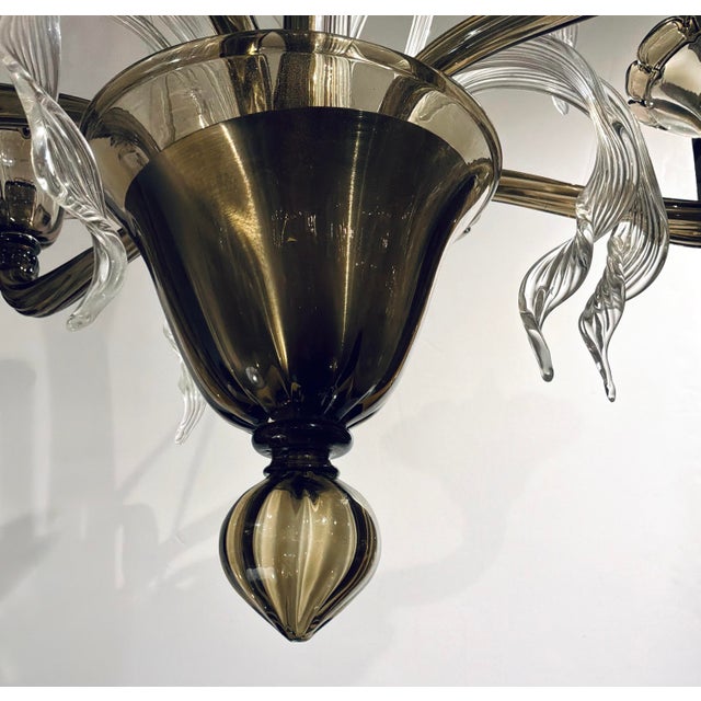 Original retail $8800, stylish Myran Allan Luxury Lighting Italian Smoked Murano Glass Chandelier, clear Murano accents,...