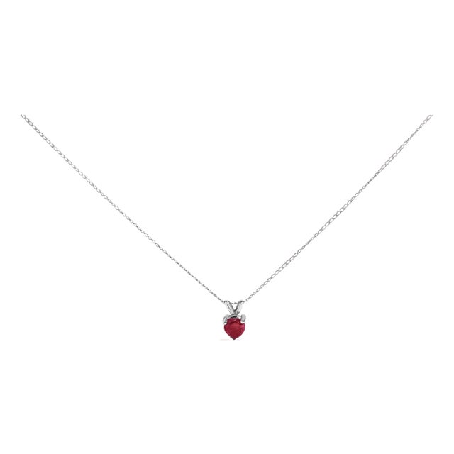 14K White Gold 5X5 MM Heart Shaped Red Ruby Solitaire Pendant Necklace For Sale