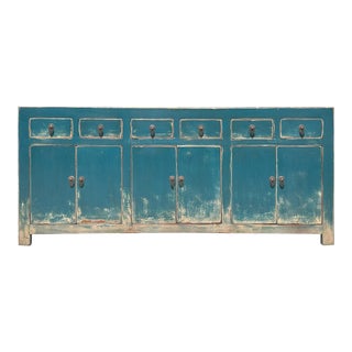 Chinese Distressed Teal Blue Sideboard Buffet Table Cabinet Credenza For Sale