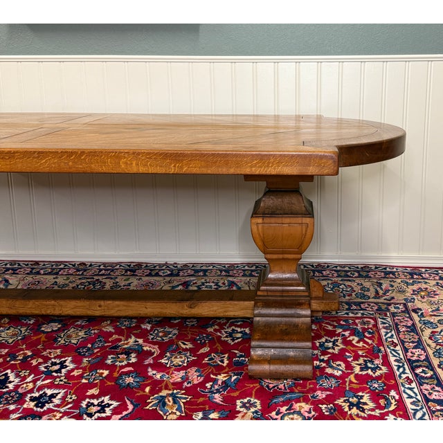 1930s Antique French Country Dining Table Farmhouse Pedestal Trestle Honey Oak 1930s For Sale - Image 5 of 18
