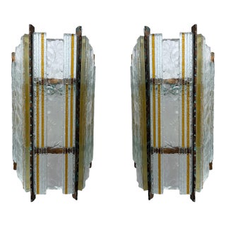 Pair of Hammered Glass Wrought Iron Sconces by Longobard, Italy, 1970s For Sale