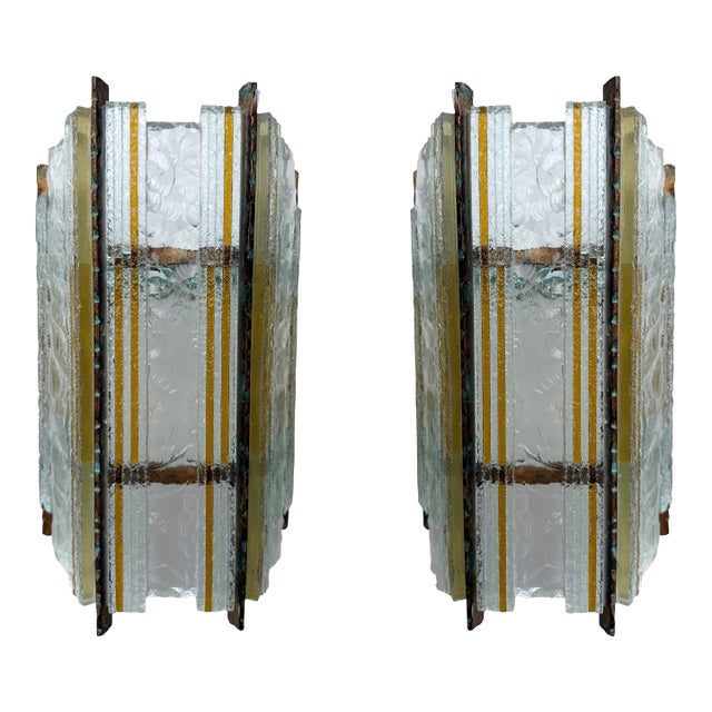 Pair of Hammered Glass Wrought Iron Sconces by Longobard, Italy, 1970s For Sale