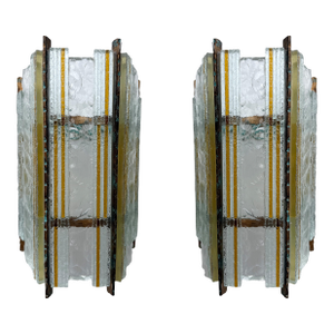 Pair of Hammered Glass Wrought Iron Sconces by Longobard, Italy, 1970s