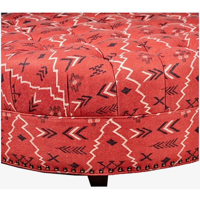 Wood Large Round Tufted Ottoman in Native American Motif For Sale - Image 7 of 8