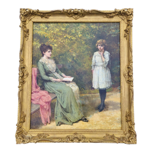 Share William Oliver 19th Century Oil Painting Beautiful Mother & Daughter in Garden
