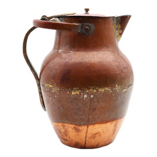19th Century French Hammered Brass Copper Milk Jug, Pitcher With a Fleur De Lis at the Top of the Handle For Sale