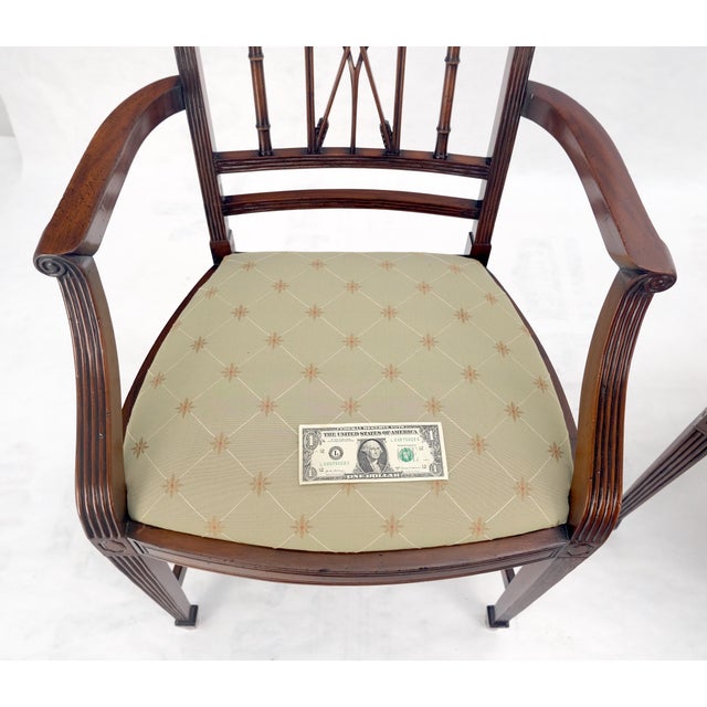 Brown Pair of Very Fine Carved Mahogany Open Arm Faux Bamboo Arrows Armchairs MINT For Sale - Image 8 of 16