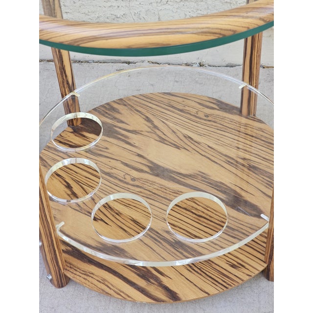 Postmodern Pair of 1980s Zebrawood & Glass Two-Tier Side Tables / Bar Carts For Sale - Image 3 of 9