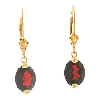 Modern 14k Yellow Gold Oval Garnet Wire Drop Earrings, Pair For Sale