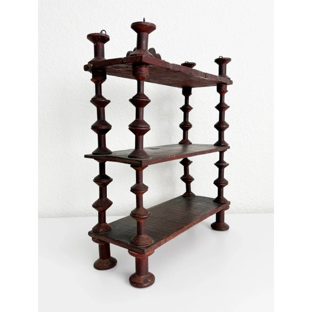 Early 20th C Folk Art 3-Tier Spool Shelf With Painted Finish For Sale - Image 4 of 12