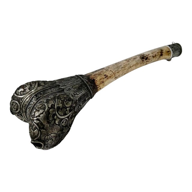 19th Century Tibetan Bone Trumpet With Silver and Coral Mounts For Sale