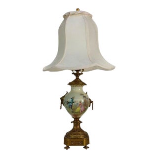 Late 19th Century French Sevres Scenic Painted & Artist Signed Porcelain Lamp, Lion Head Handles For Sale