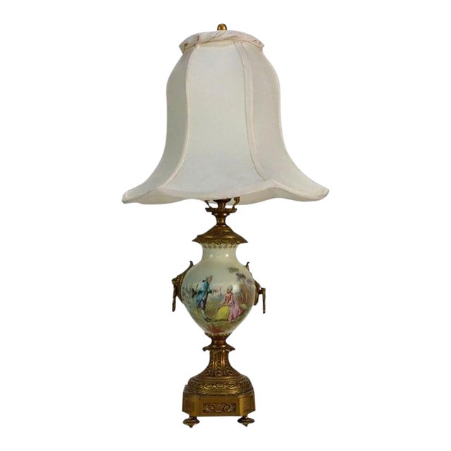 Late 19th Century French Sevres Scenic Painted & Artist Signed Porcelain Lamp, Lion Head Handles For Sale