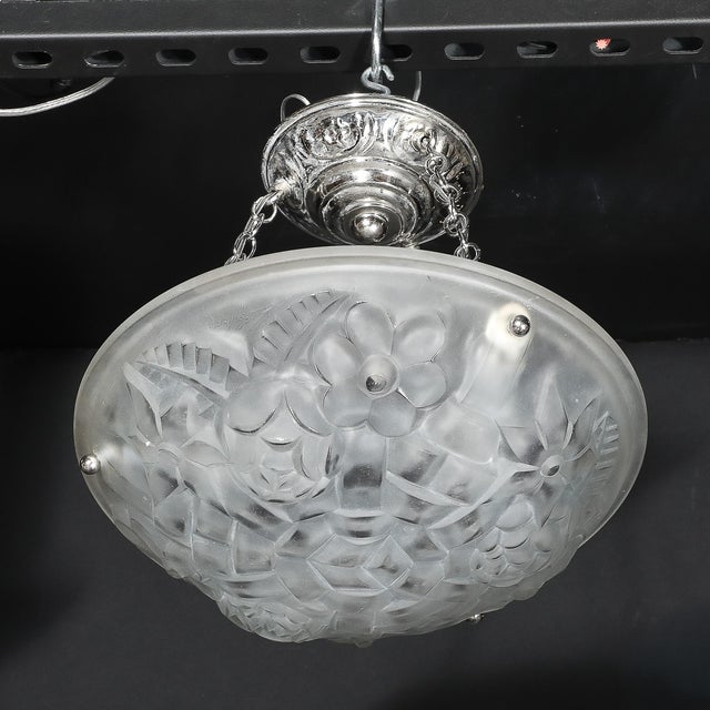 Art Deco Frosted Glass Floral Cubist Chandelier W/ Chrome Fittings Signed Degué For Sale - Image 10 of 18