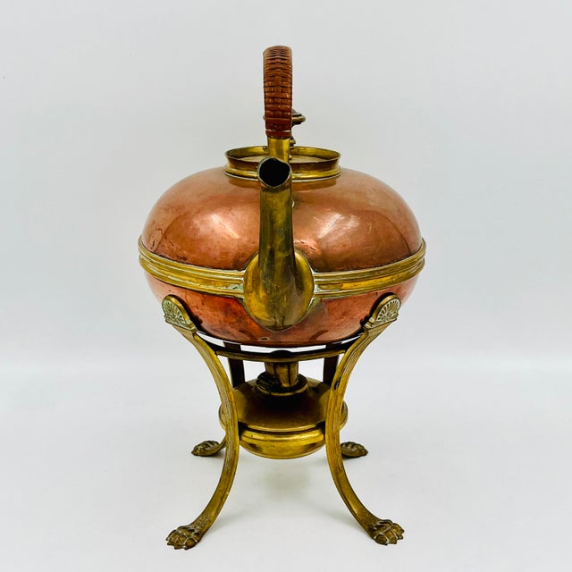French Country Antique 1886 Gorham Copper and Brass Kettle With Brass Lion Claw Foot Stand and Spirit Burner For Sale - Image 3 of 16