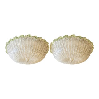 1990s Traditional Italian White Graniglia" Budino"Murano Glass Flush Mount in 70' Style With Green Trimming - a Pair For Sale