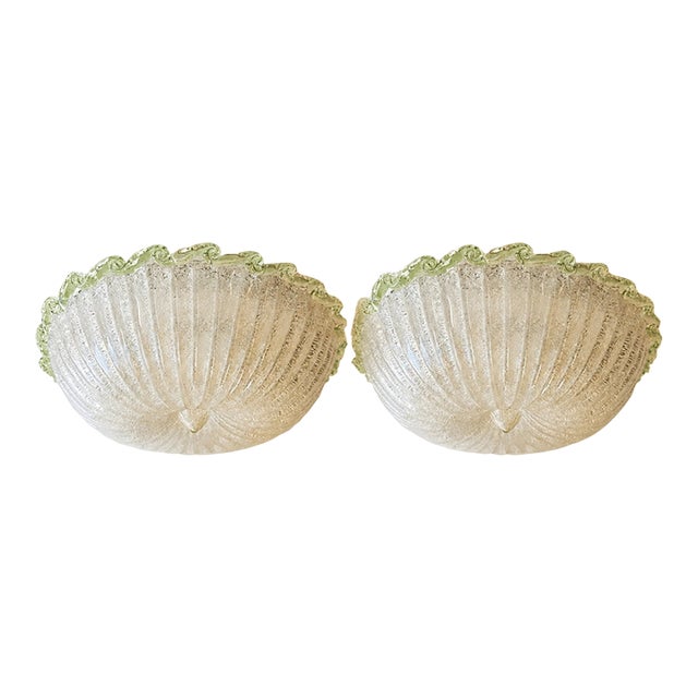 1990s Traditional Italian White Graniglia" Budino"Murano Glass Flush Mount in 70' Style With Green Trimming - a Pair For Sale