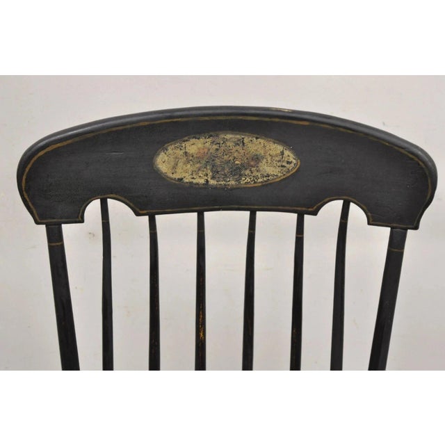 Antique Colonial Stencil Back Black Painted Plank Bottom Rocker Rocking Chair For Sale - Image 4 of 12