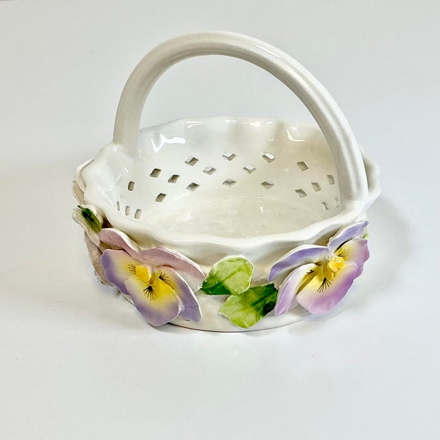 1980s 1980s Vintage Coastal Knife-Cut Ceramic Pansy Candy Dish With Handle For Sale - Image 5 of 12
