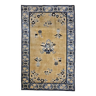 Vintage Chinese Art Deco Rug, Hand-Knotted Wool, Tan & Blue, 1900s, 4' x 7' For Sale