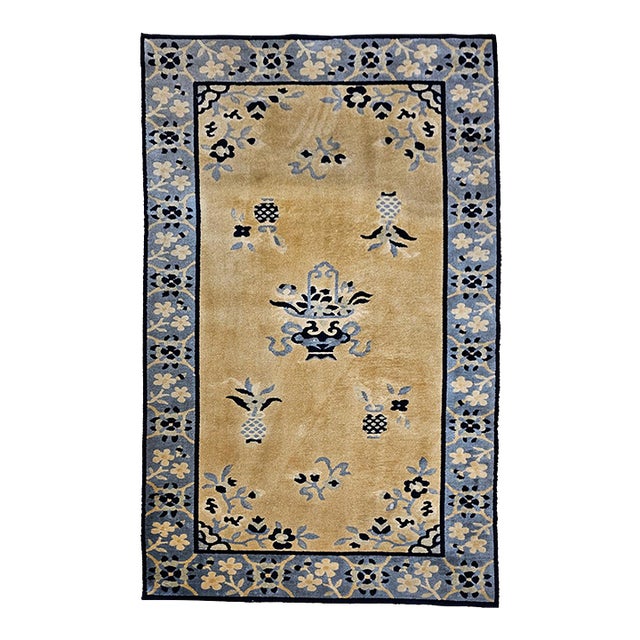Vintage Chinese Art Deco Rug, Hand-Knotted Wool, Tan & Blue, 1900s, 4' x 7' For Sale