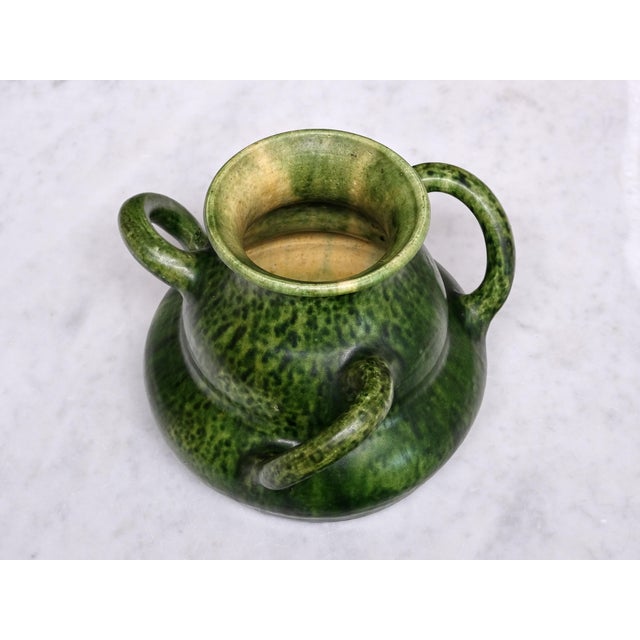 Belgian Art Nouveau Sculptural Green Glazed Tri-Handled Vase, 1910s For Sale - Image 6 of 11