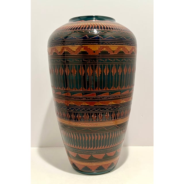 Large Signed W. Johnson Navajo Carved Art Pottery Floor Vase For Sale - Image 4 of 8