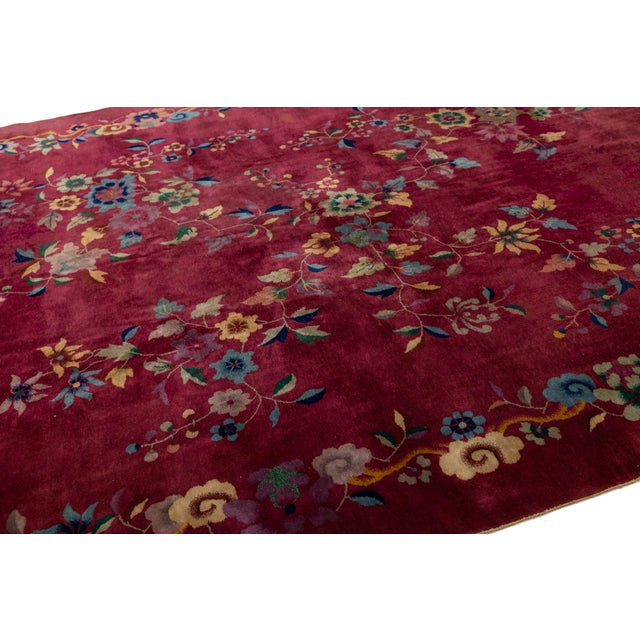 1920s Antique Art Deco Chinese Red Wool Rug With Floral Pattern For Sale - Image 10 of 11