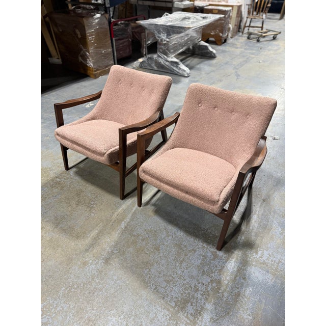 Mid-Century Modern Style Lounge Chairs - Solid Walnut Frames with Pink Boucle For Sale - Image 11 of 13